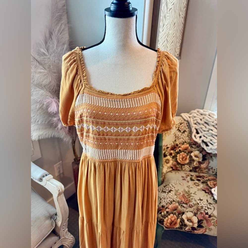 Baltic Born Mustard Embroidered Midi Dress XL Boho